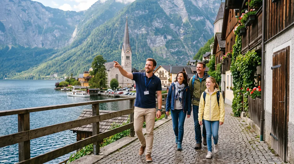 A local guide walking a family along the lakeside lane of Hallstatt