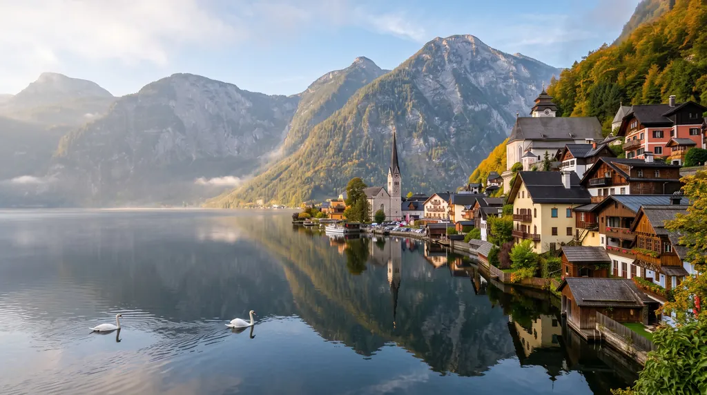 Hallstatt village and its church on the lake at sunrise