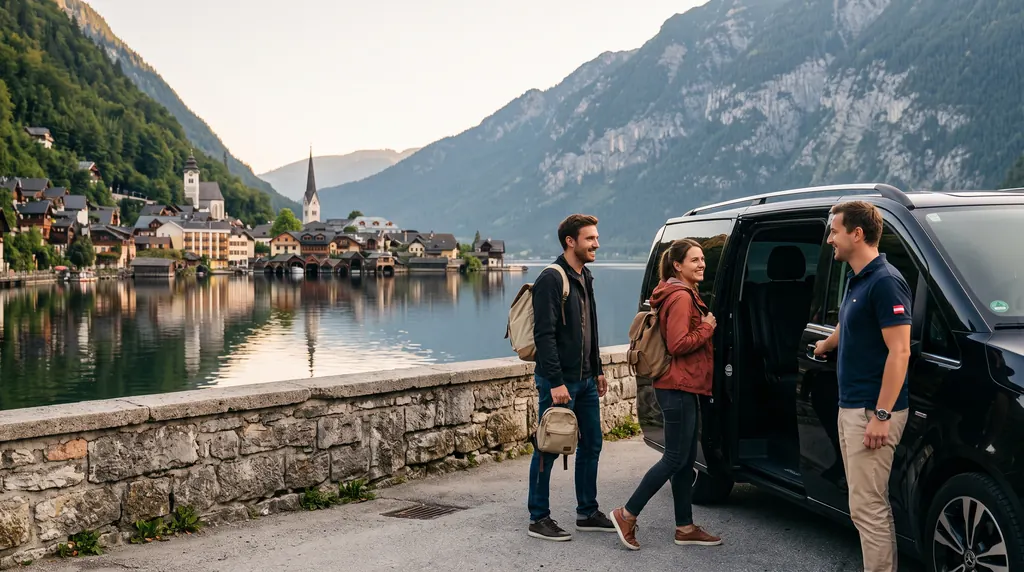 A private minivan at a lakeside viewpoint opposite Hallstatt, the guide welcoming two travellers